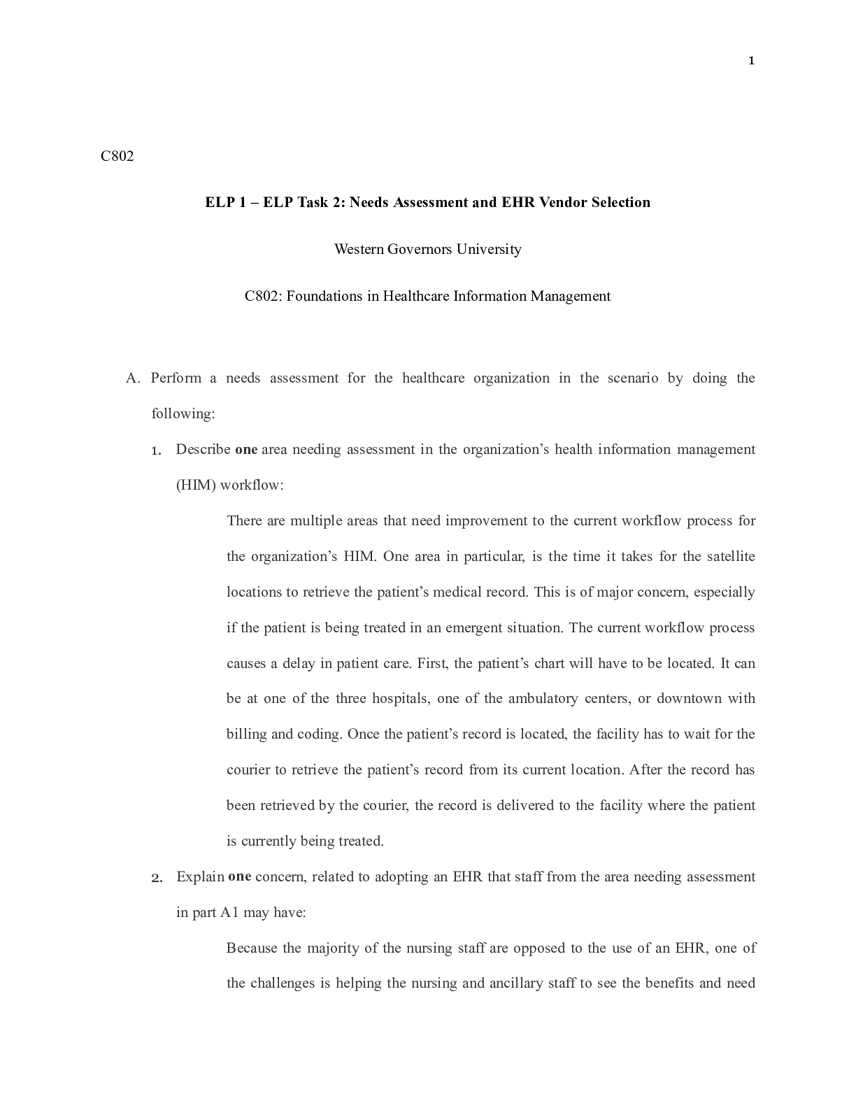 Preview of Task 2 CORRECTED.docx    C802 ELP 1  “ ELP Task 2: Needs Assessment and EHR Vendor Selecti